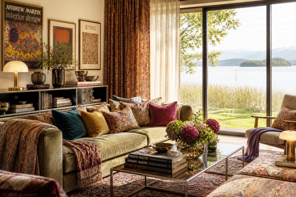 Einrichtung am Chiemsee mit USM Haller Möbeln, farbigen Textilien und Blick zum See