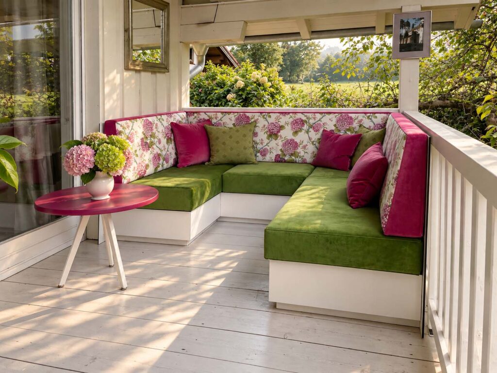 Die Stoffe dieser Out-door-lounge fügen sich in die Landschaft ein.