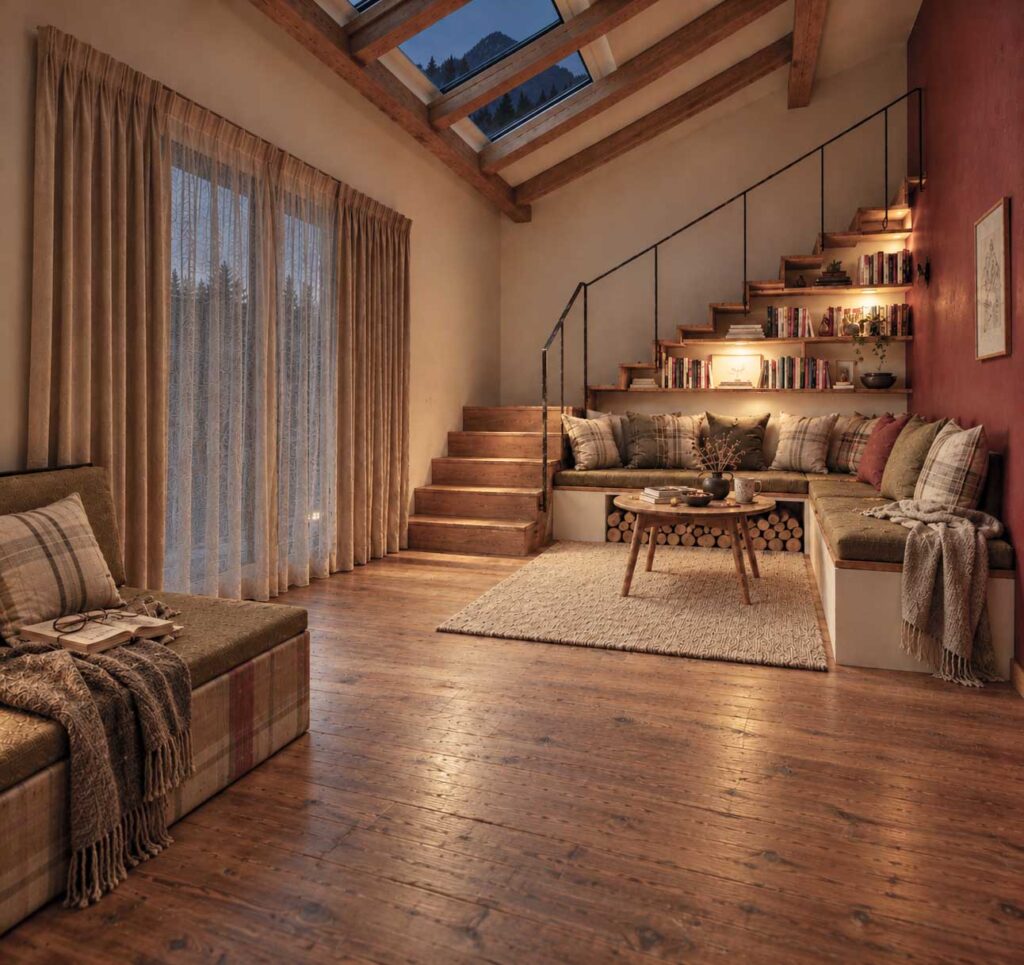 Fotorealistische Visualisierung einer Leseecke unter der Treppe mit gepolsterter Sitzbank und warmer Abendbeleuchtung als photorealistische Darstellung.