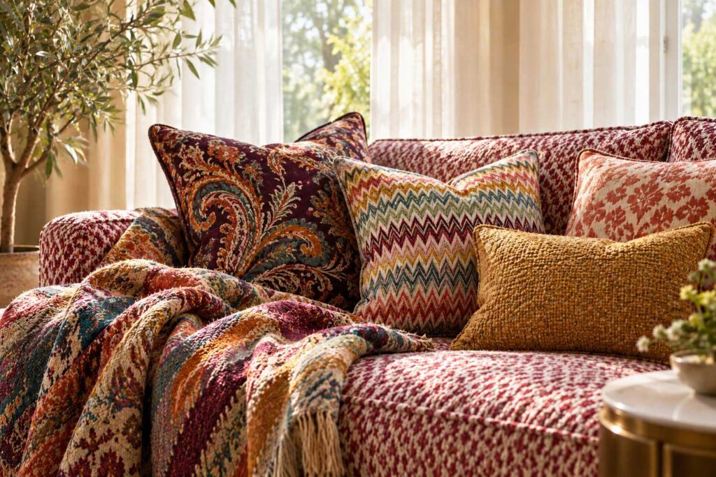 Bunte Kissen mit Paisley- und Zickzackmustern auf einem rot-weißen Sofa, dazu eine gemusterte Decke und helle Vorhänge im Sonnenlicht.